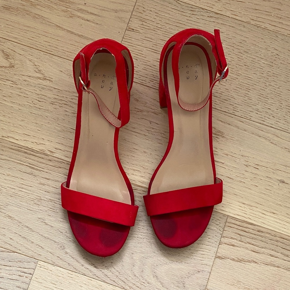Red Block Heel Ankle Strap Sandals